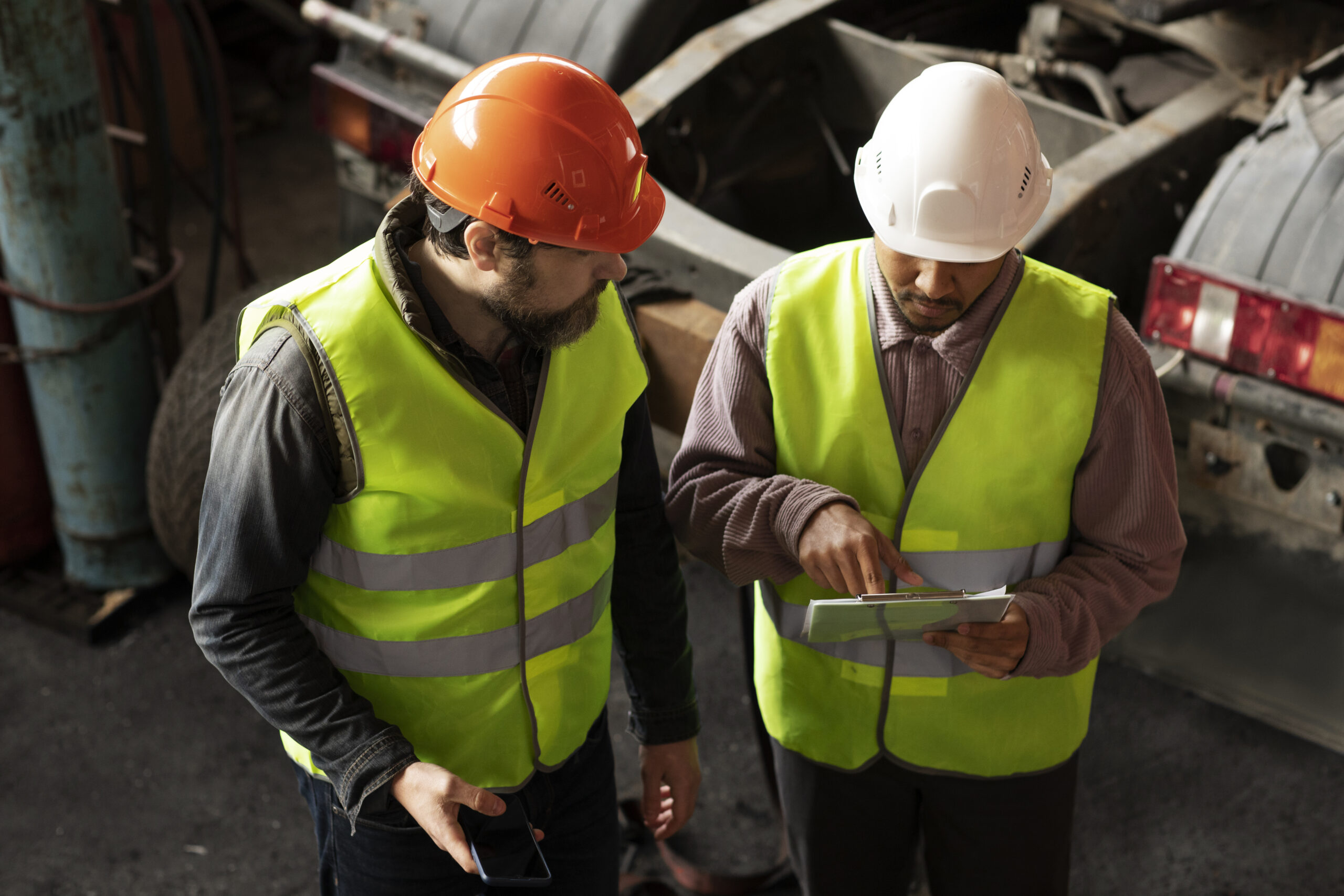 Two port workers in safety gear checking a tablet
